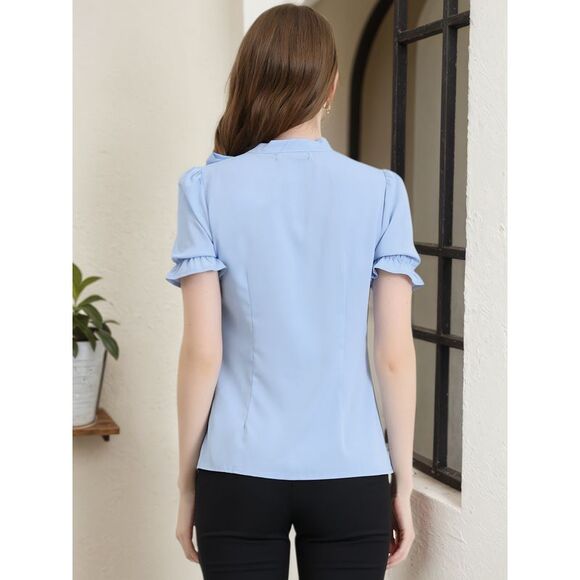 Bow Tie Neck Tops Short Sleeve Blouse Light Blue - Picture 5 of 6